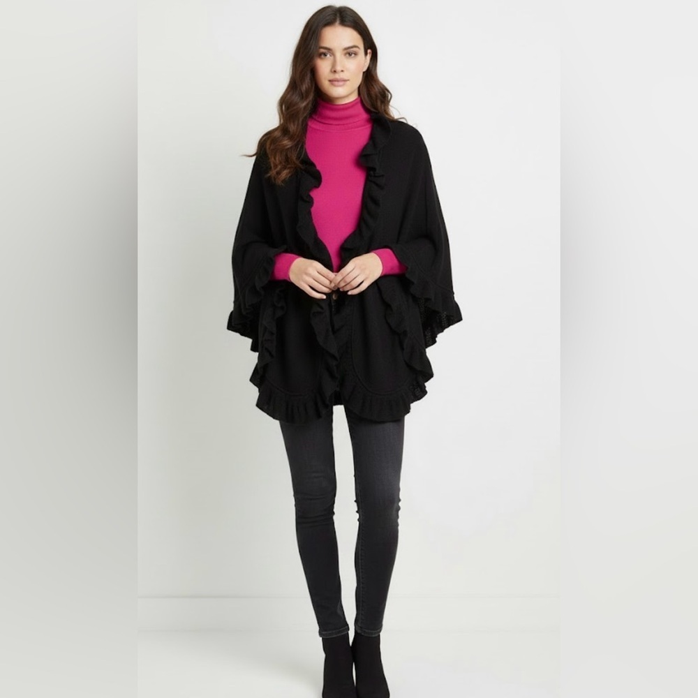 Collection Fiftynine Italian Wool Blend Ruffle Poncho Wrap OS